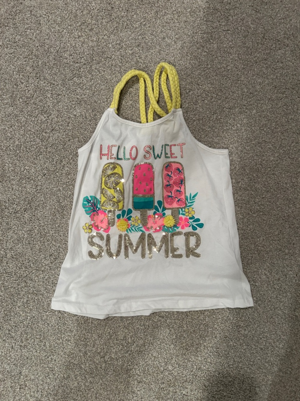 Hello Sweet Summer Girls' White Tank Top with Yellow Straps